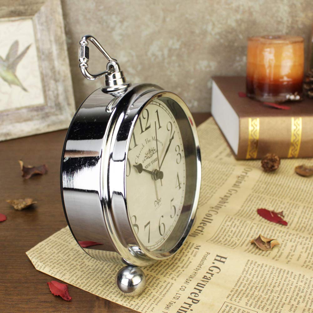 JUSTUP Vintage Table Clock, Iron European Style Desk Clock Battery Operated Non-Ticking Mantle Clock for Home Decor (Silver)