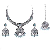 Efulgenz Indian Oxidized Jewelry for Navratri Choker Necklace Indian Oxidized Jewelry Set for Women Bohemian Faux Pearl Crystal Stone Necklace Earrings Maangtikka Set Wedding Bridal Fashion Jewelry