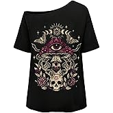 RoseSeek Women's Plus Size Off Shoulder Gothic Graphic Tees Asymmetrical Neck Short Sleeve T Shirts Y2k Tops