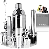 9Pcs/Set Cocktail Shaker Set with Stand, 750ml (25oz) Cocktail Shaker Bartender Kit: Bar Tool Set, Drink Mixing Includes Shakers Strainer Jigger Bar Mixer Spoon Muddler Pourer Bottle Stopper (Silver)