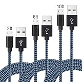 AOFU Micro USB Cable,3Pack 3FT 6FT 10FT Long Premium Nylon Braided High Speed USB to Micro USB Fast Charging Cord Android Charger for Samsung Galaxy S7/S6/Edge,Note 5/Note 4,HTC,LG(Black Blue)
