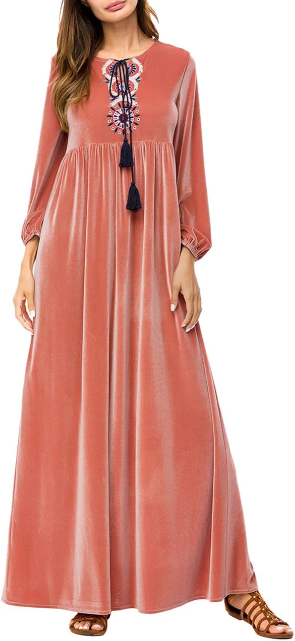 Women Fashion Embroidered Maxi Dress Robe - Velvet Long Blouse Abaya Full Length Muslim Arabia Kaftan Winter Outfits Boho Clothes Costume