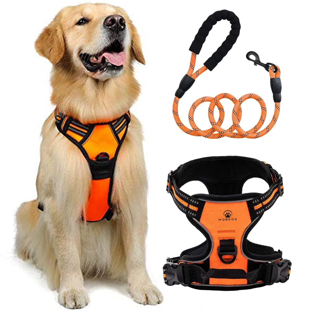 MobDog Dog Harness and Lead Set – No Pull Harness for Puppy with 5 Feet Leash – Reflective Vest with Comfortable Padding for Medium, Small, Large Dogs