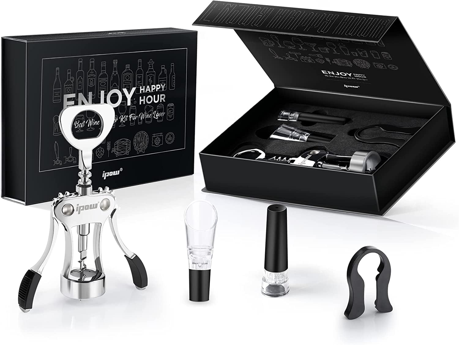 IPOW Wine Opener Gift Set-Zinc Alloy Wing Corkscrew, Foil Cutter, Wine Aerator and Vacuum Stopper, Wine Bottle Opener Accessories Kit for Women, Men, Wine Lovers — image 1