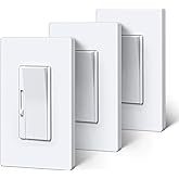 BESTTEN Super Slim Dimmer Light Switch, Quiet Rocker, Max 300W LED, CFL, 600W Incandescent, Single Pole or 3 Way Dimmable Switch with Screwless Wallplate, ETL Listed, 3 Pack, White