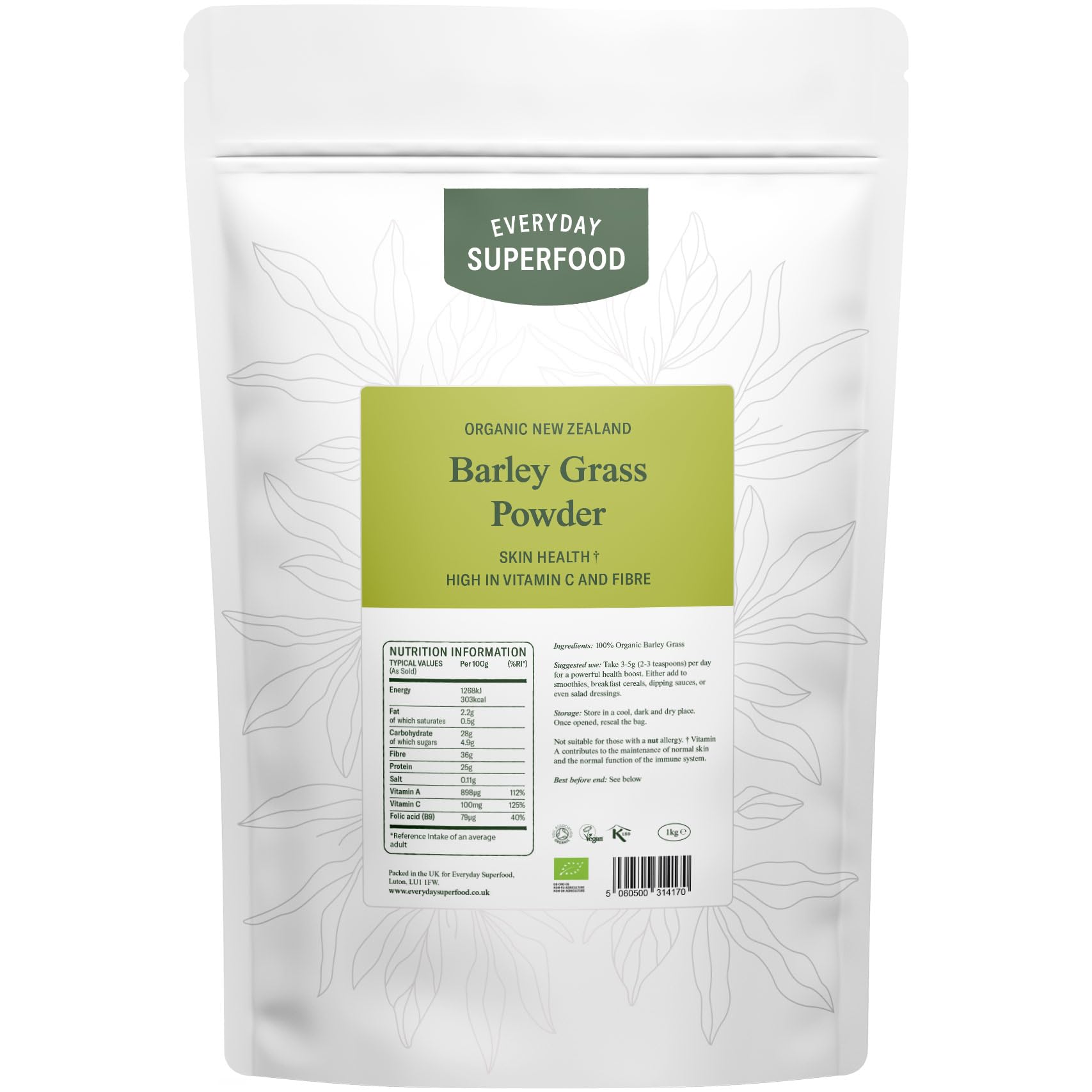 Everyday Superfood Organic New Zealand Barley Grass Powder 1kg, Green Fine Milled Barley Grass Ideal in Juice and Smoothies