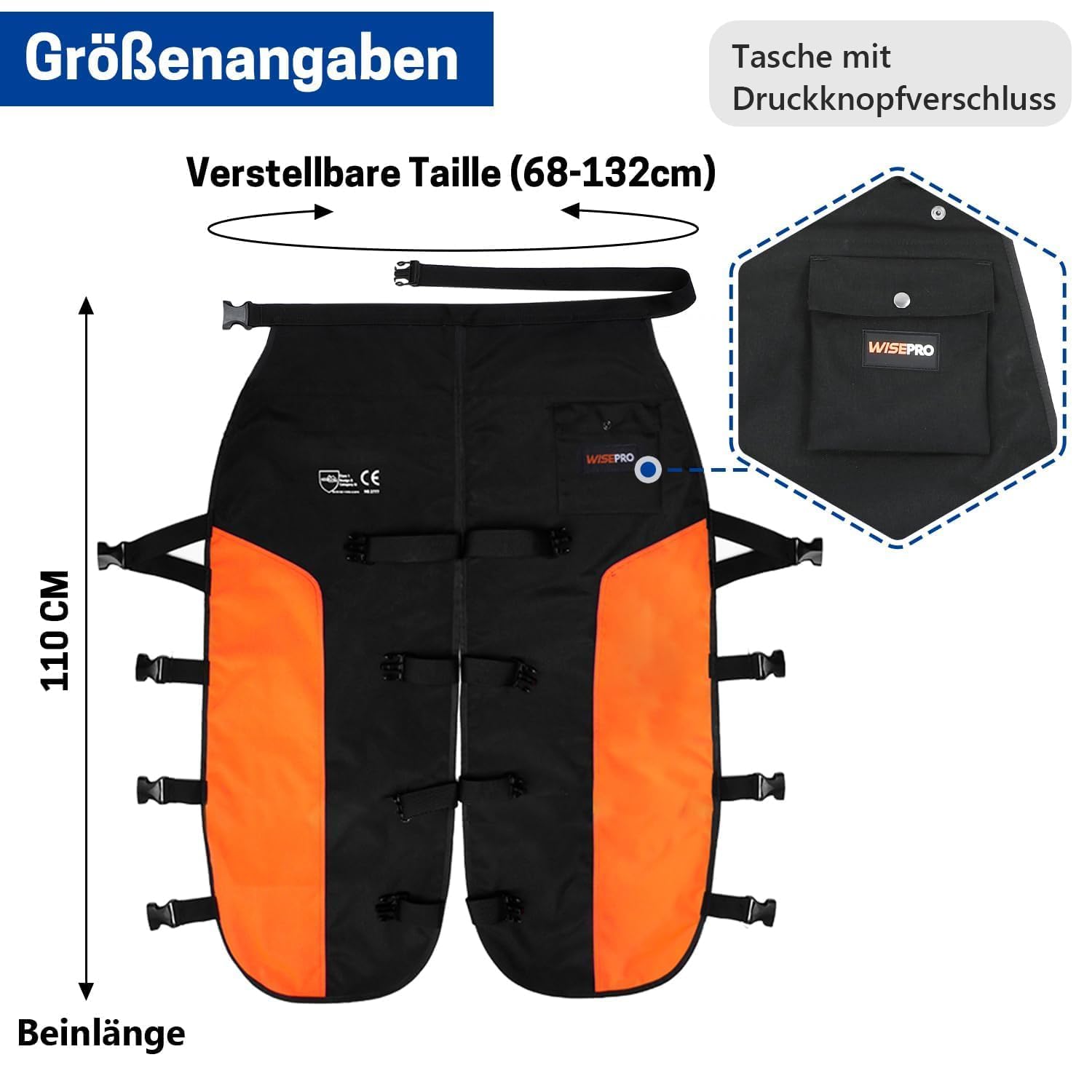 WISEPRO Universal Kettensägen-Sicherheitsleggings,Schnittschutz Chaps, Verstellbare Chainsaw Chaps Kettensägen-Schürze Schnittschutzhose für Männer/Frauen(Orange-Schwarz) 5