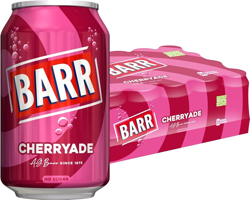 Barr 24 Pack Cherryade Zero Sugar Cherry Flavoured Fizzy Drink Cans 24 x 330ml