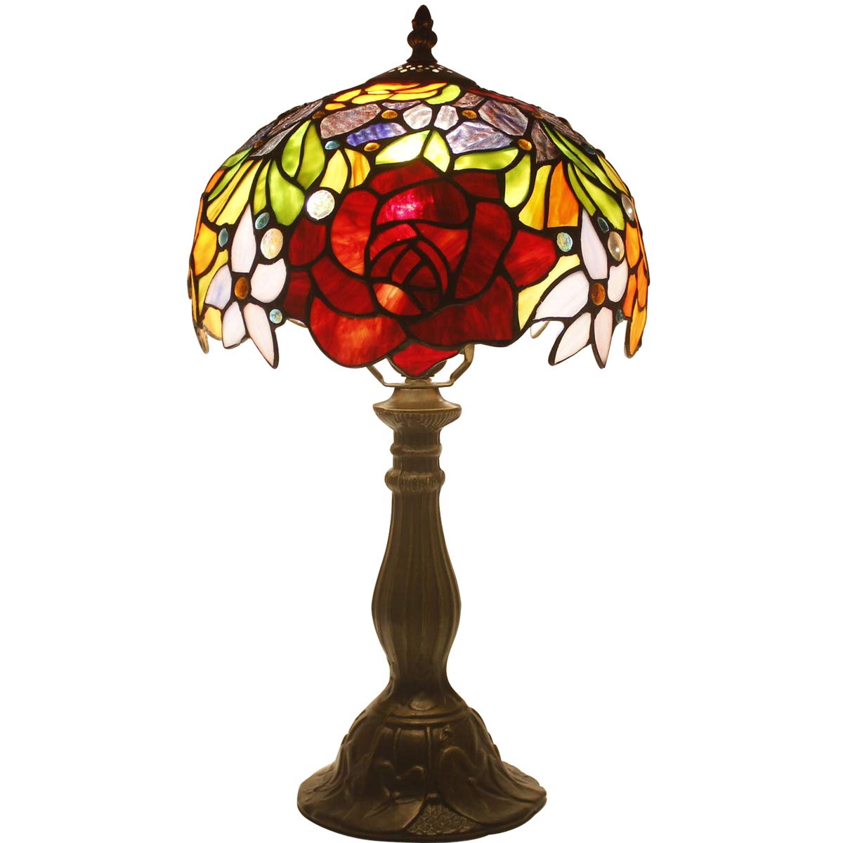 4MYHOME Tiffany Style Table Lamp Stained Glass Bedside Lamp Red Rose Desk Reading Light 10X10X18 Inches Decor Bedroom Living Room Home Office S001 Series