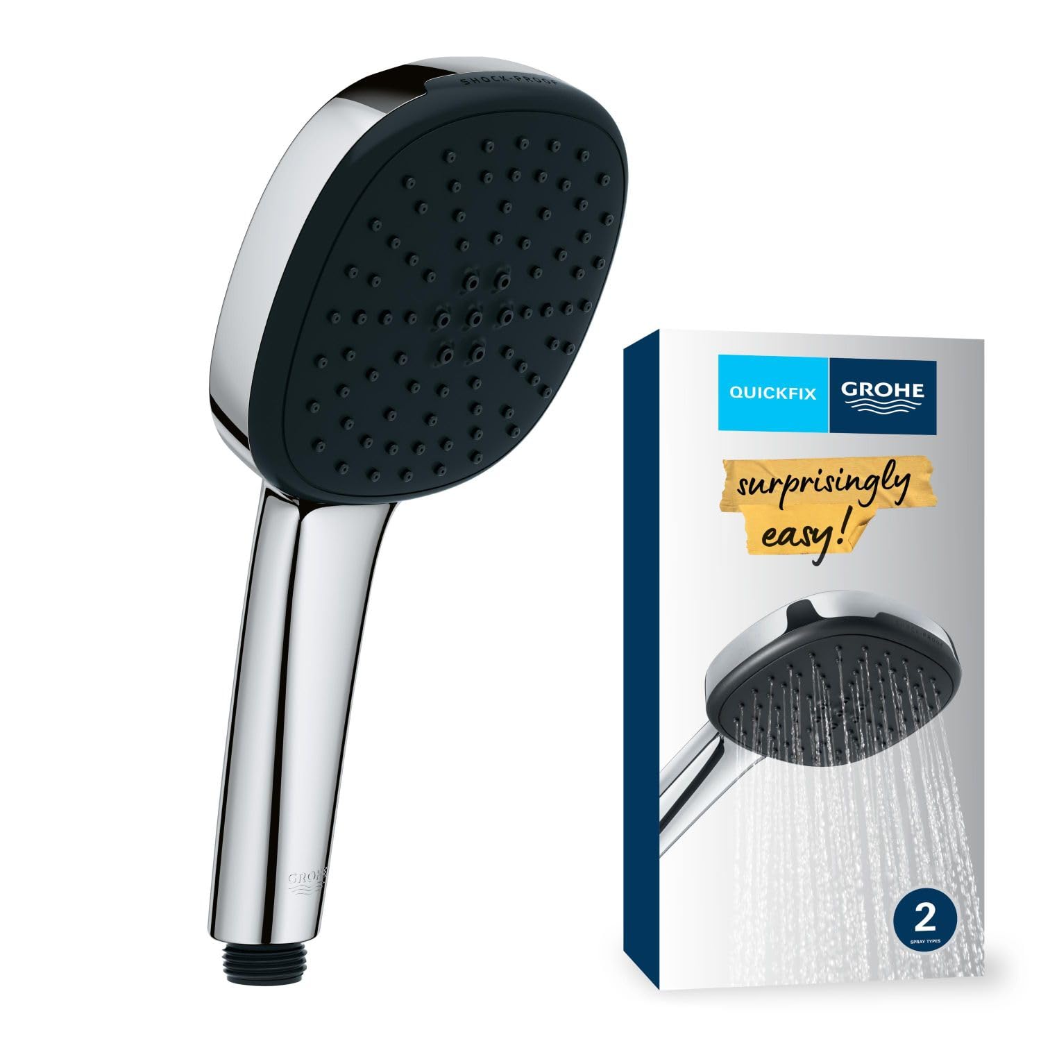 GROHE Vitalio Comfort 110 - Hand Shower for High Pressure (Square 11 cm Shower Head, 2 Sprays: Rain & Jet, Anti-Limescale System, Silicone Ring, Universal Mounting System), Chrome, 26926001