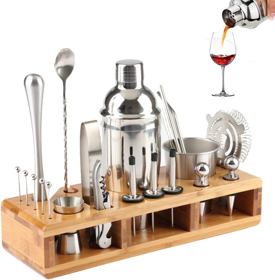 HJTJQ Cocktail Set, 23 Piece Stainless Steel 750ml Home Bar Accessories Drink Mixer Cocktail Bar Tool Set with Square Wooden Stand