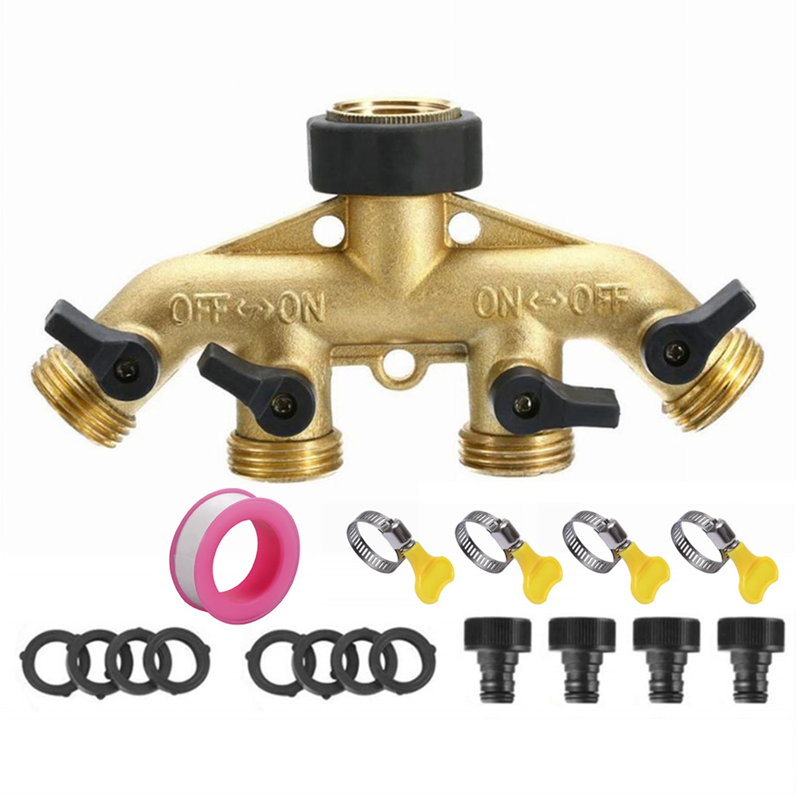 MKNZOME 4 Way Garden Brass Hose Splitter with 3/4 Inch Connect Kit, Quick Connector Garden Irrigation Tool, with Individual On-Off Valves Manifold Easy Install Kitchen Outdoor Water Distributor