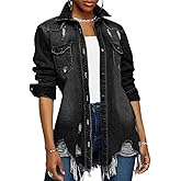 DvaeMalligo Women's Jean Jacket Distressed Button Down Long Sleeve Ripped Oversized Denim Trucker Jean Jackets