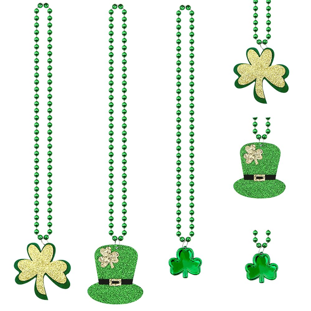9pcs St. Patrick's Day Necklaces Accessories, Leprechaun Hat Gold Shamrock Pendant with Green Beads Necklace Choker Chain for Women Men Irish Festival Mardi Gras Saint Patrick's Day Costume Jewelry