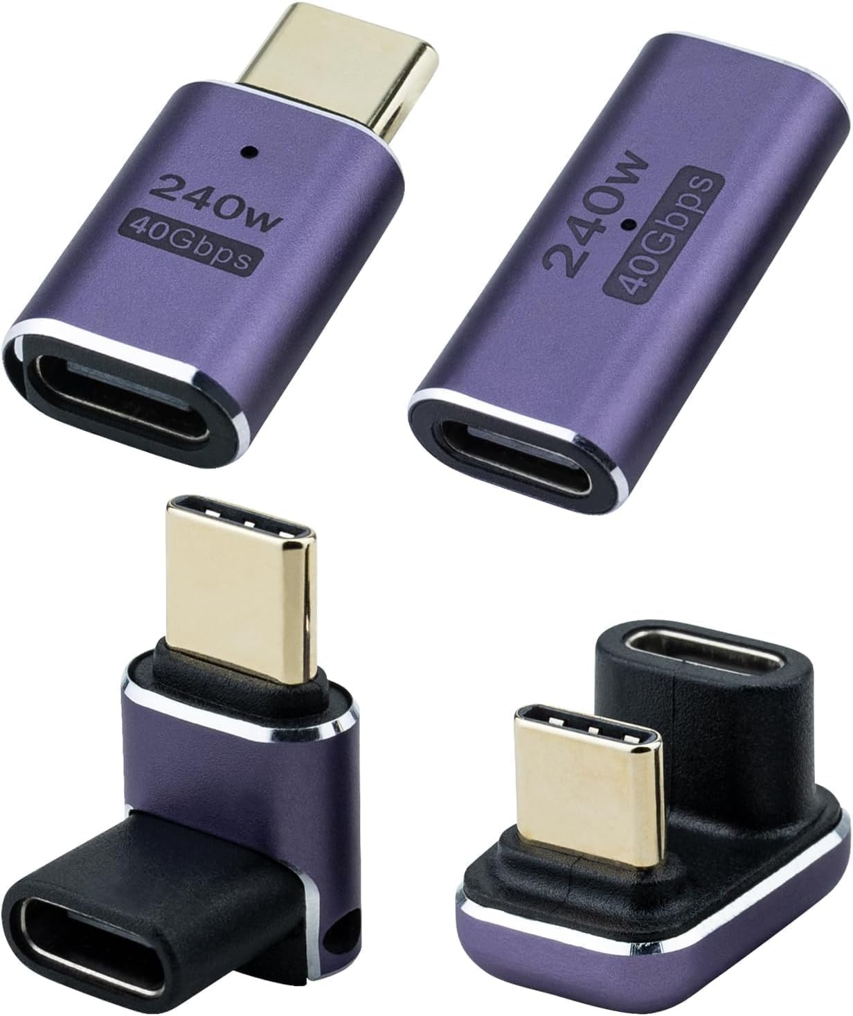 Leehitech 40Gbps USB C to USB C Adapter, 240W Fast Charging Right Angle USB C Male to Female Adapter, Support 8K Display Thunderbolt 4/3 Compatible for iPhone 16/15, Macbook, Laptop and More(4 Pack)