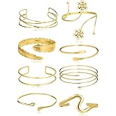 Tornito 8Pcs Arm Cuff Open Upper Arm Band Bangle Bracelet Coil Flower Feather Swirl Filigree CZ Armlet Jewelry for Women Men Gold Tone Size Adjustable