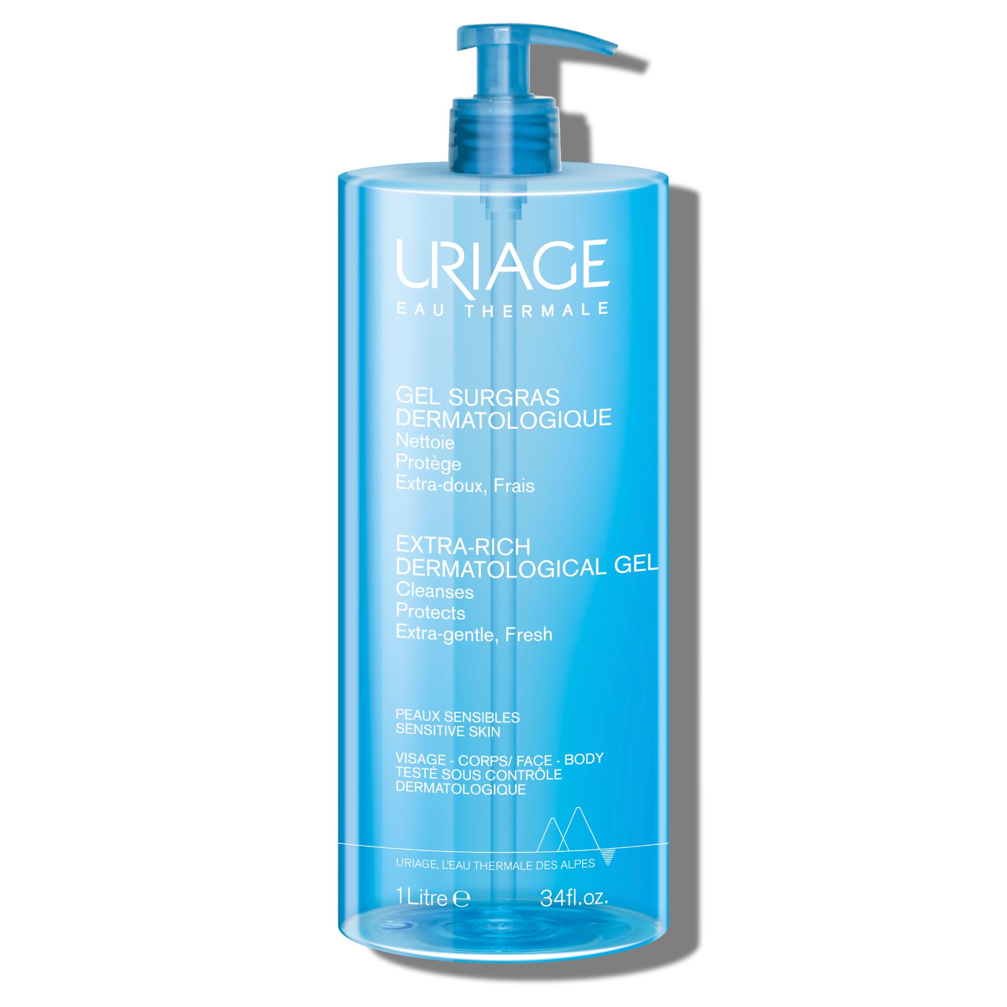 Uriage Extra-Rich Dermatological Cleansing Gel 1L - Fresh Face & Body Foaming Cleanser - Sensitive & Dry Skin - Hydrates & Preserves the Hydrolipidic Film - Paraben & Soap-Free - Physiological pH