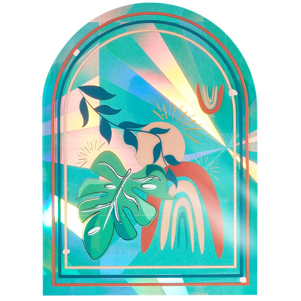 GORGECRAFT 135 x 98mm Large Arch Shape Window Clings Anti-Collision Static Window Decals Monstera Wicker Leaf Print Suncatcher Stickers Prism Laser Film for Glass Sliding Door Prevent Birds Strikes