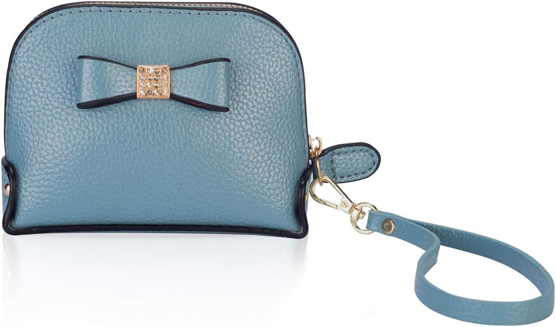 Coin Purse Wallet leather Wristlet Handbags with Wrist Strap Cute Mini Designer Pouch Great Gifts for Women Girls (Bow Blue)