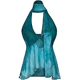 Floerns Women's Y2k Tie Dye Mesh Halter Top Deep V Neck Sleeveless Asymmetrical Beach Tops