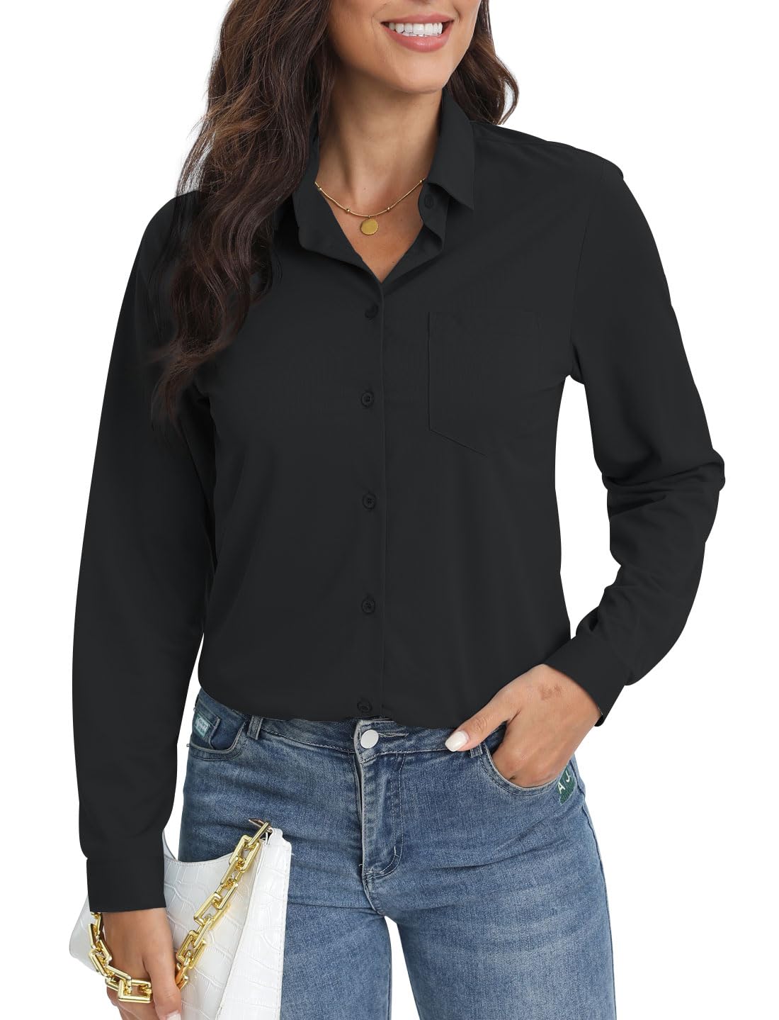 Photo 1 of COUXILY Black Button Down Shirts for Women Dressy Long Sleeve Business Casual Blouses Work Tops with Pocket Fashion (Black, S)