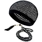 ESERRA Kufi Hats for Men and Women with 99 Tasbih Prayer Beads, Muslim Thick Breathable Skull Cap, Tasbeeh, Prayer Cap
