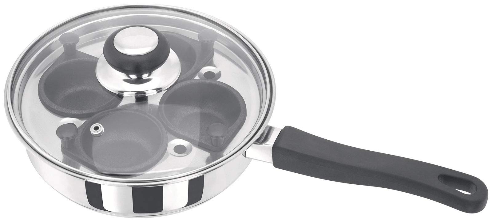 Judge Essentials Four-Cup Egg Poacher and Stainless Steel Frying Pan, 20cm, Vented Glass Lid and Stay-Cool Handle