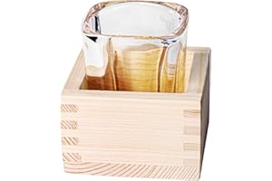 PERSELOSO Japanese Sake Cup Set with Square Glass Cups and Wooden Box, Traditional Home Sake Drinkware for