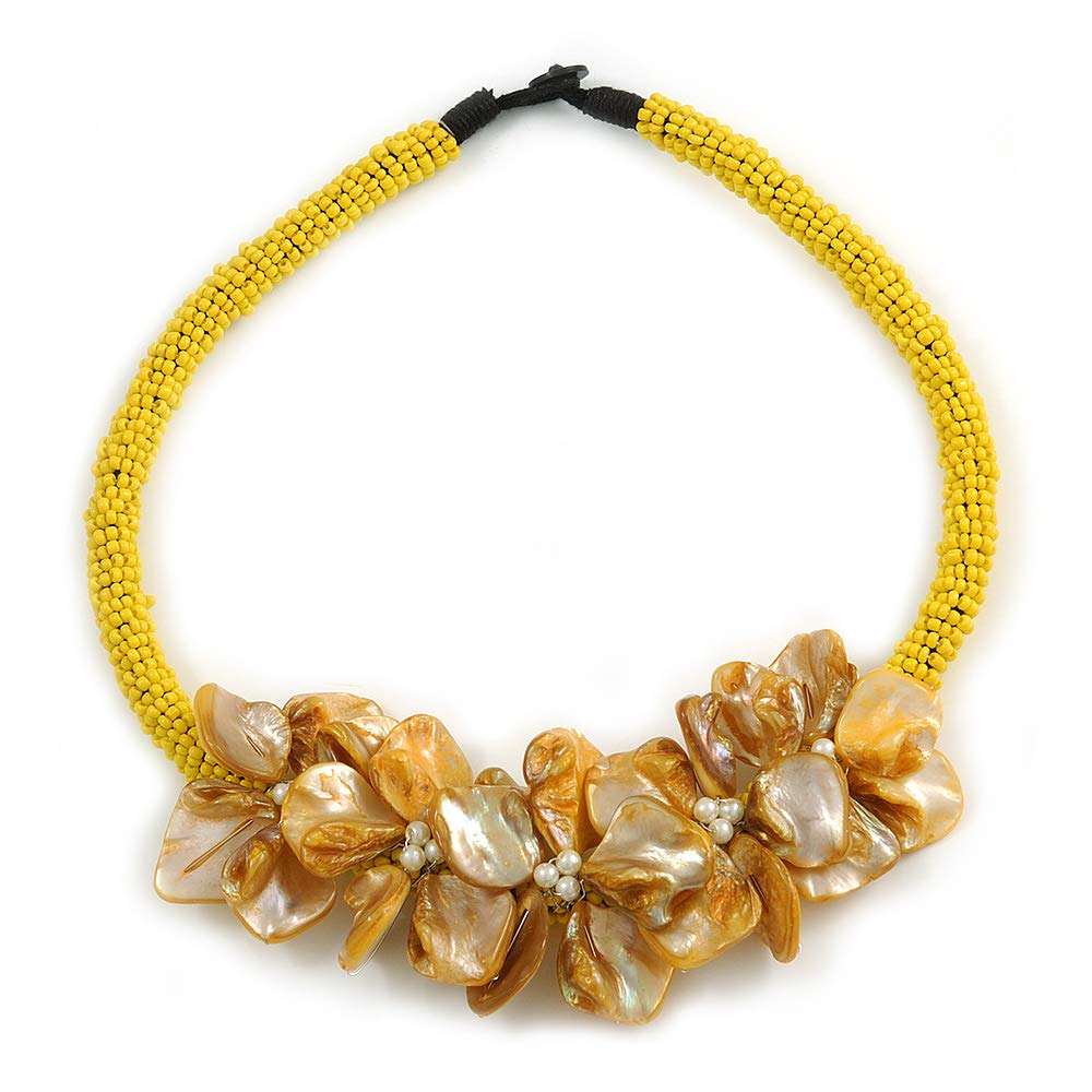 Avalaya Yellow Glass Bead with Shell Floral Motif Necklace/48cm Long