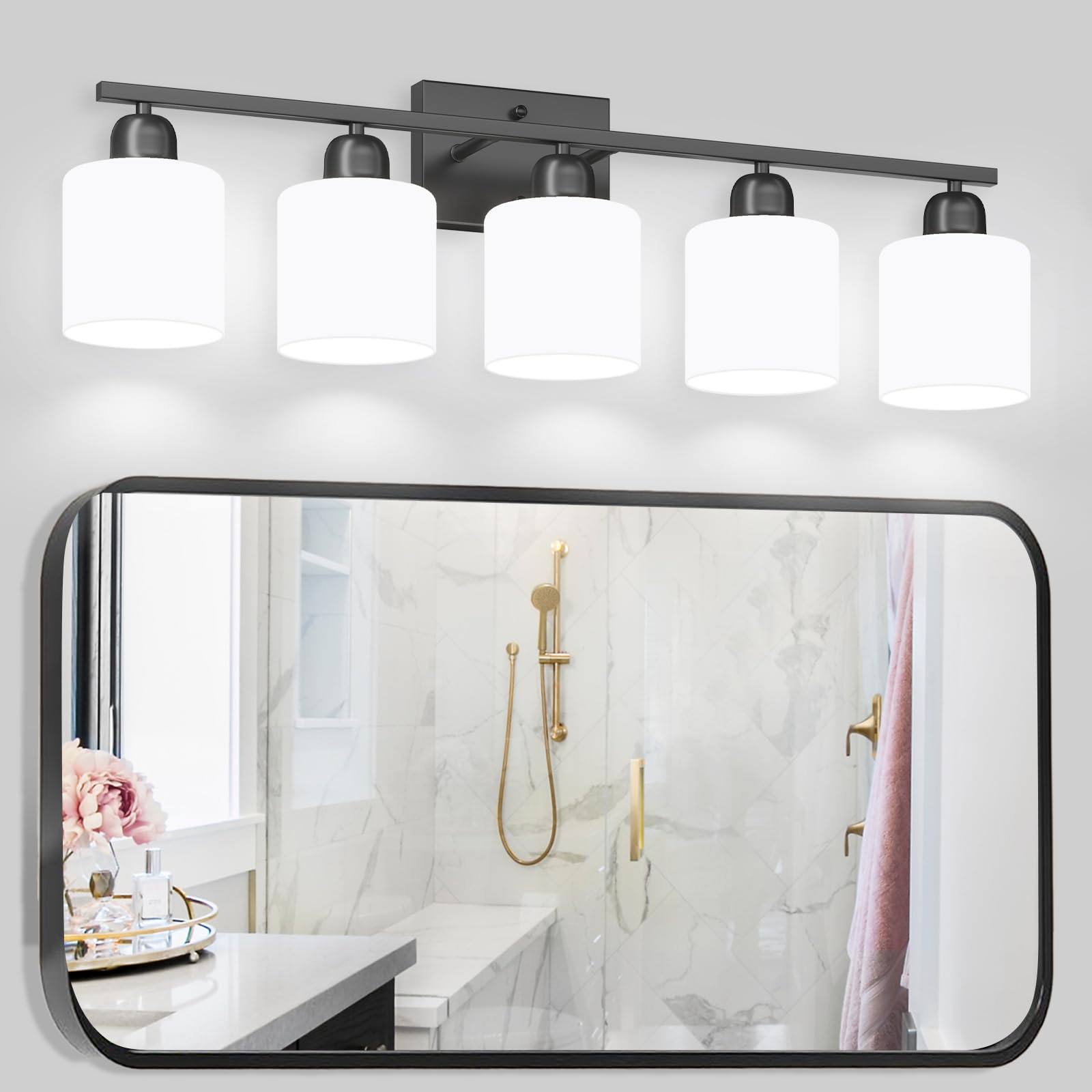 Photo 1 of ***MISSING 2 LIGHT*** 5-Light Black Bathroom Vanity Light, Black Vanity Light with Milky White Frosted Glass Shades, Modern Vanity Light Fixture for Bathroom Mirror, Bedroom, Living Room, Hallway, Vanity Table, E26 Base