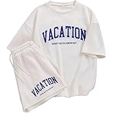 Verdusa Girl's Tracksuit Sets 2 Piece Outfits Letter Print Vacation Tee Top and Drawstring Waist Shorts