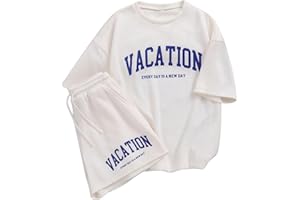 Verdusa Girl's Tracksuit Sets 2 Piece Outfits Letter Print Vacation Tee Top and Drawstring Waist Shorts