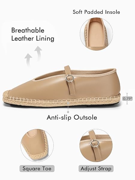 COUTGO WOMENS ESPADRILLES MARY JANE FLATS CLOSED SQAURE TOE BALLET FLATS COMFORTABLE DRESS SHOES, KHAKI/PU, SIZE 8