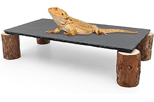 MHLLGN Bearded Dragon Basking Platform, Slate Rocks for Reptiles with Wooden Pile, Leopard Gecko Hides and Caves, Reptile Tank Accessories for Bearded Dragons, Geckos, Ball Pythons, Tortoise (Black, Large)