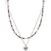 Senxilk Layered Gemstone Necklace Set – 18K Gold Plated Copper Chain with Heart Pendant & Beaded Choker with Gold Square Spacers