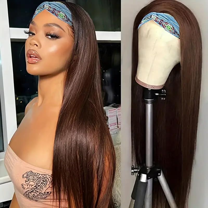 Headband Wig Straight Weave 22 inches Glueless Heat Resistant Synthetic Wigs for Black Women High Density Full Ends Brown Wig Natural Looking Wavy