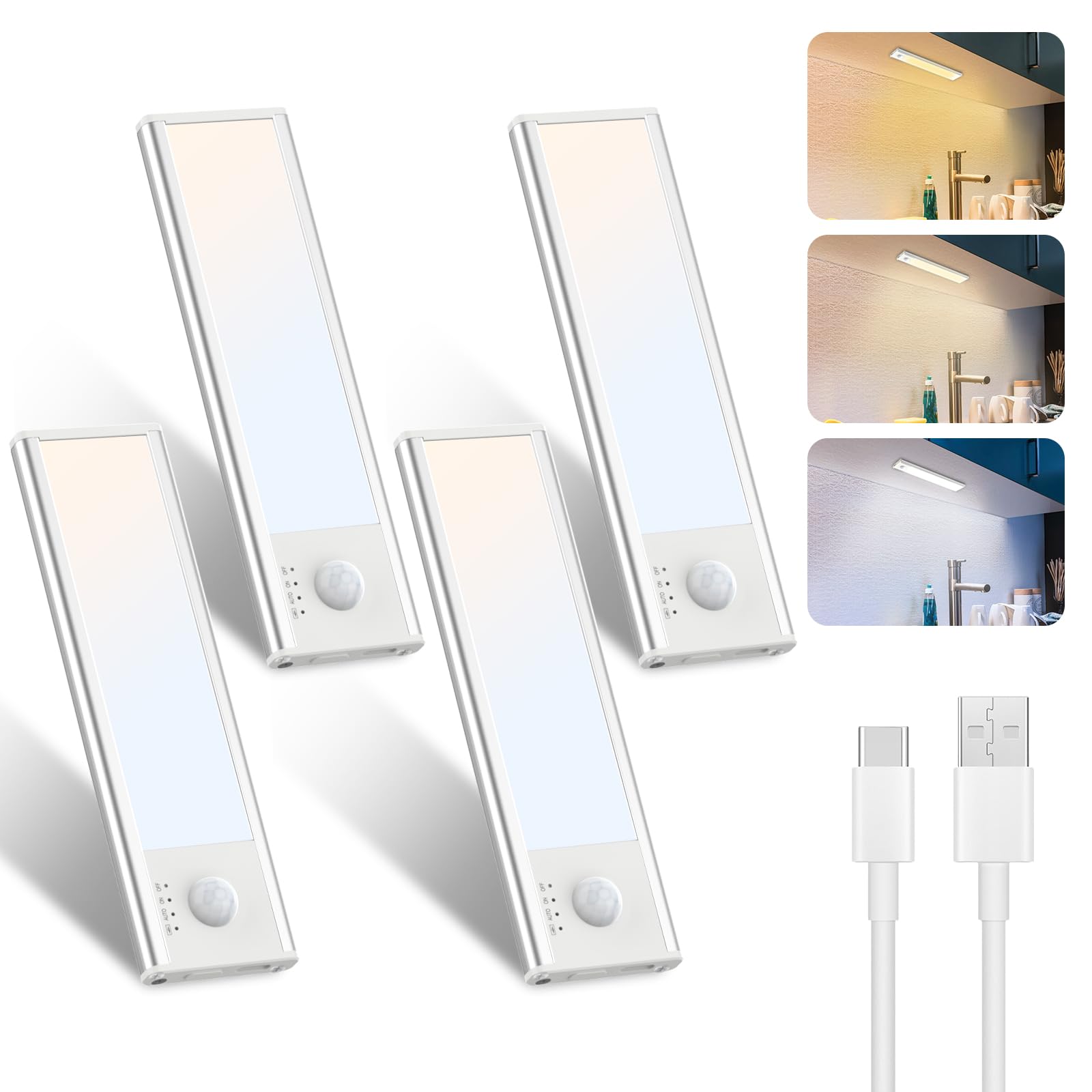 Libtit 15CM Under Cabinet LED Kitchen Light, USB Rechargeable Motion Sensor, 3000K-6500K Dimmable, Wireless Shelf Lighting for Stairs, Hallway, Garage, 4 Pack