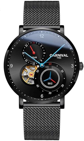 Amazon メンズ 超薄型自動機械式腕時計 トゥールビヨン ステンレススチール 防水 スケルトン 腕時計 オールブラック メンズ腕時計 腕時計 通販