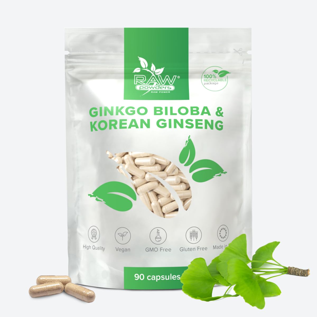 Ginkgo Biloba 3000mg & Korean Ginseng 1000mg, 90 Caps – Memory, Focus & Energy Support – Pure Ingredients, GMO & Gluten Free – GMP Certified Herbal Supplement by Raw Powders