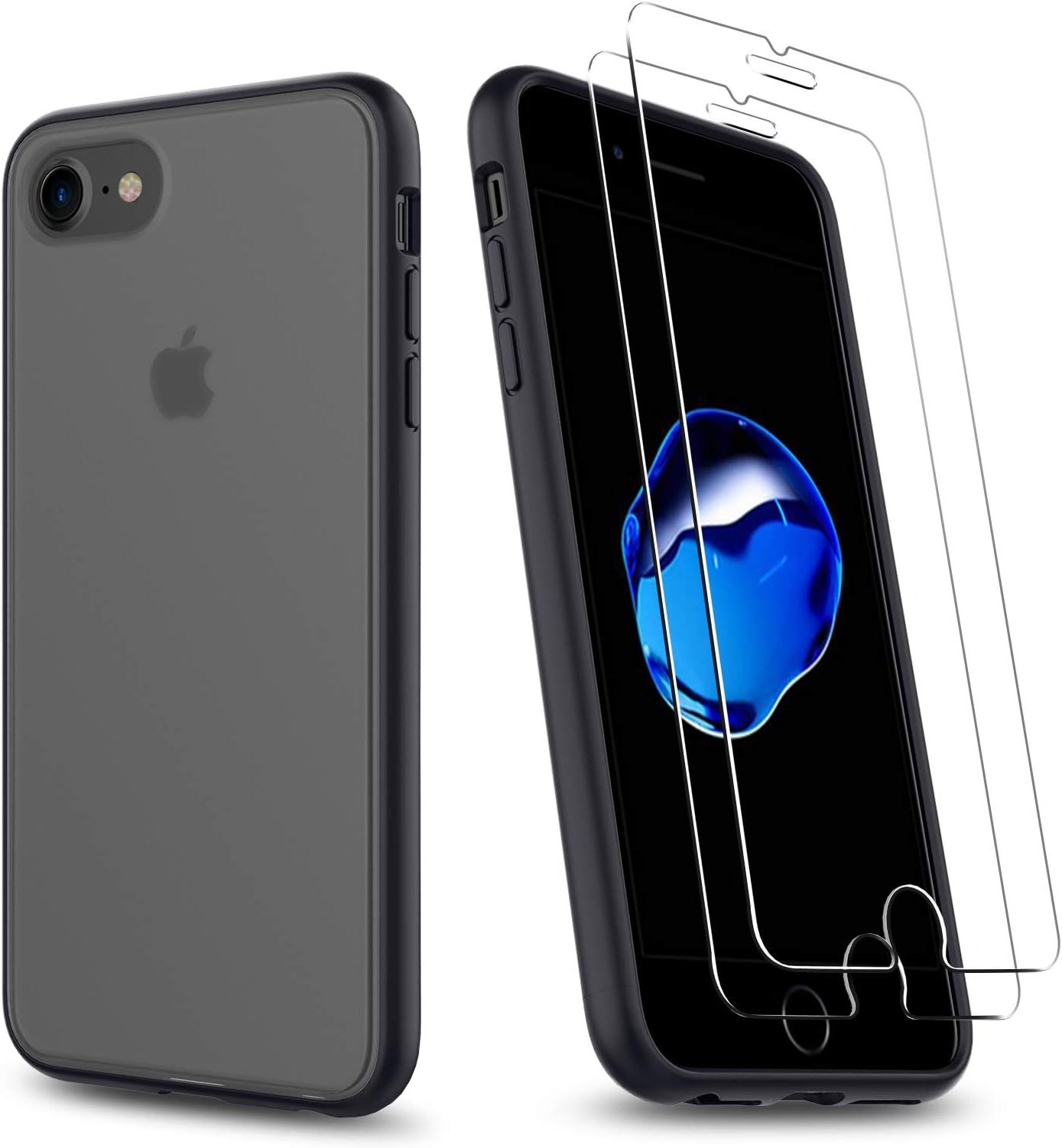 UNIWILAND 2-in-1 iPhone 7 Case/iPhone 8 Case with 2 Packs Screen Protector, Matte Black Clear Back Drop Protection Frosted Case & HD Tempered Glass Screen Protector for iPhone 7/iPhone 8 (Black)
