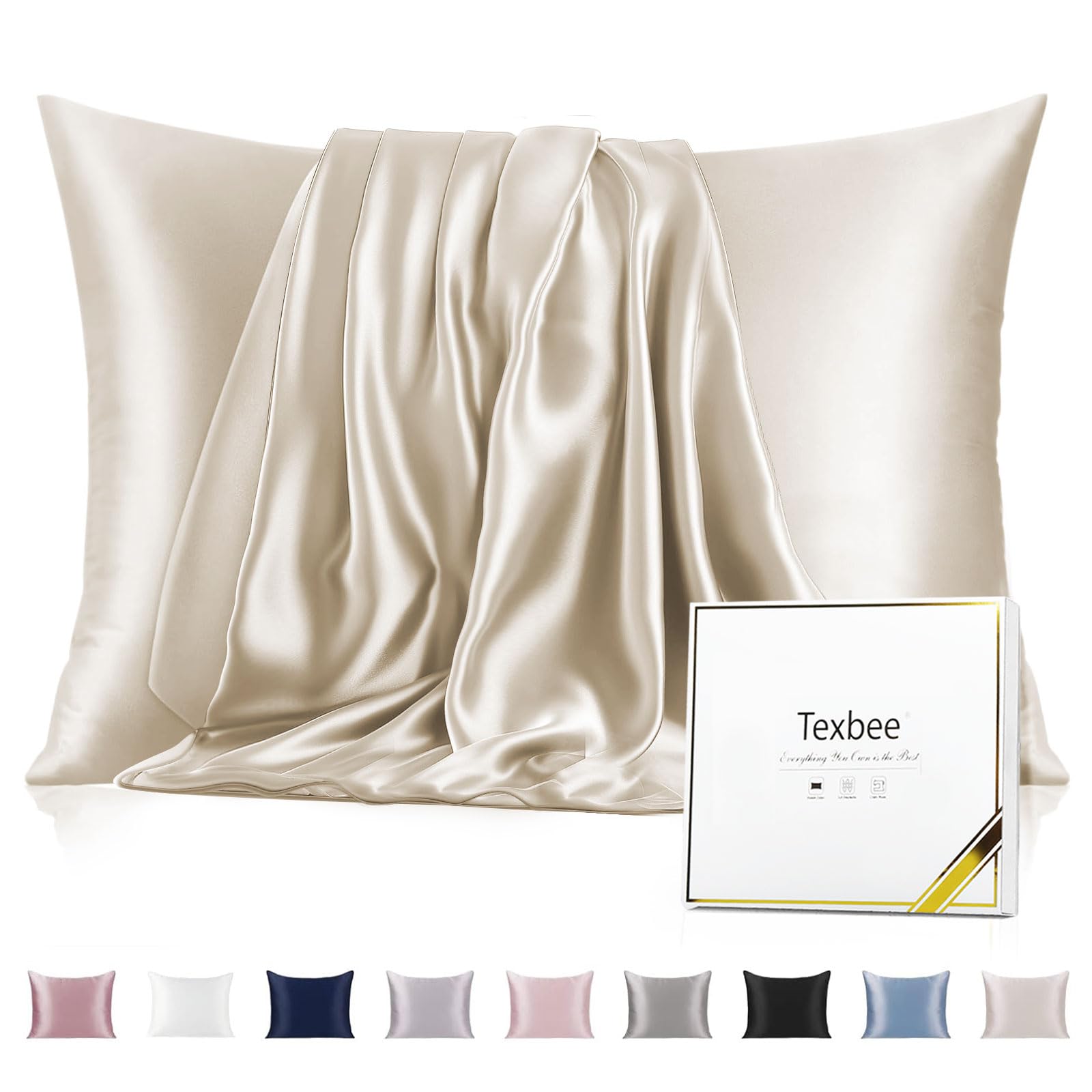 Texbee Silk Pillowcase, 22 Momme Mulberry Silk Pillowcases for Hair and Skin Health, Soft Smooth Breathable Cool Pure Pillow Case for Beauty Sleep, with Gift Box, 1pc (King 50x90 cm, Cream)