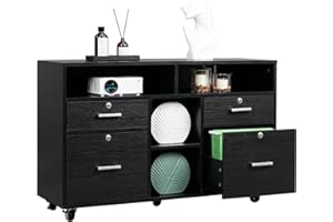 VINGLI Wood Mobile File Cabinet with 4 Drawers and Shelves, Printer Stand with Open Storage, Locking Lateral Filing Cabinet for Home Office, Black