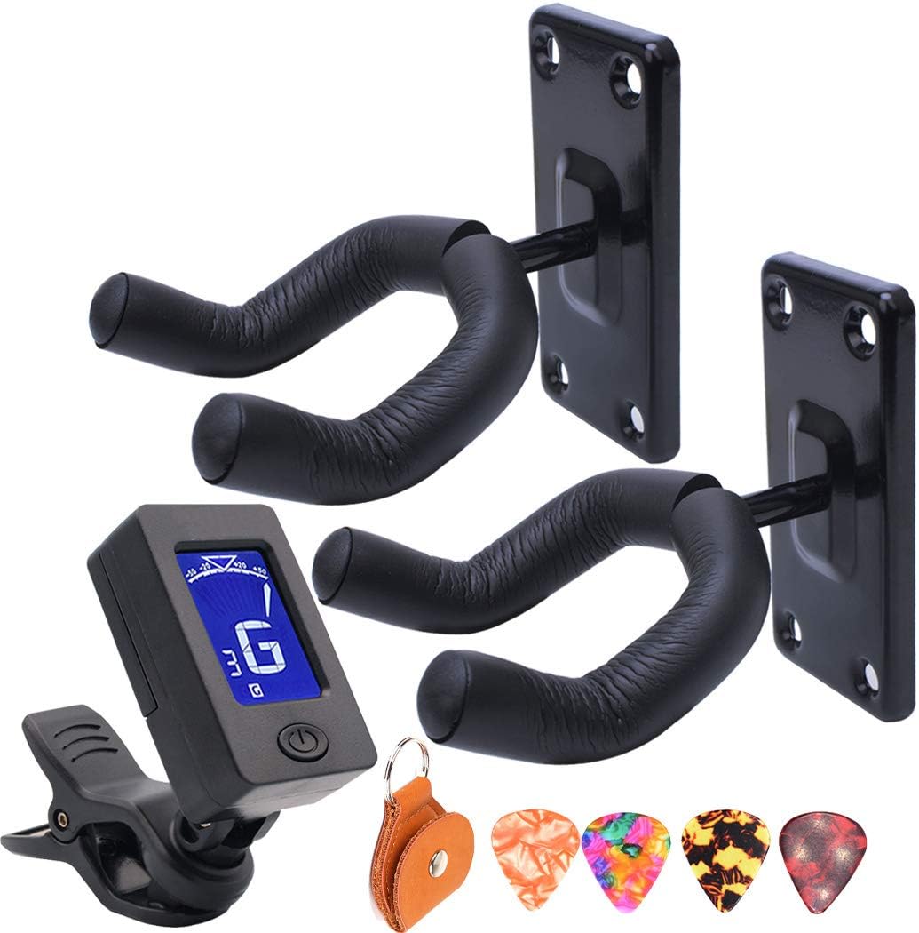 Guitar Wall Mount Hanger Guitar hangers for wall 2 Pack Black hook with Guitar Tuner Clip-On Tuner