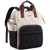 LOVEVOOK Laptop Backpack for Women, 15.6 inch Work Travel Backpack Purse, Puffer Quilted Laptop Backpack Casual Daypack for Nurse Teacher，Black-White-Brown