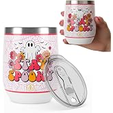 Biddlebee Halloween 12 oz Stemless Insulated Wine Tumbler With Lid – Stainless Steel Cup, Spill Resistant – Cute Pink Ghosts – For Coffee, Tea, Water, Wine, Camping, Tailgates (Stay Spooky)