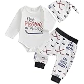 CREAIRY 3Pcs Newborn Baby Boy Hockey Outfit Letter Long Sleeve Romper Shirt Pants Set +Hat Coming Home Outfit Fall Clothes