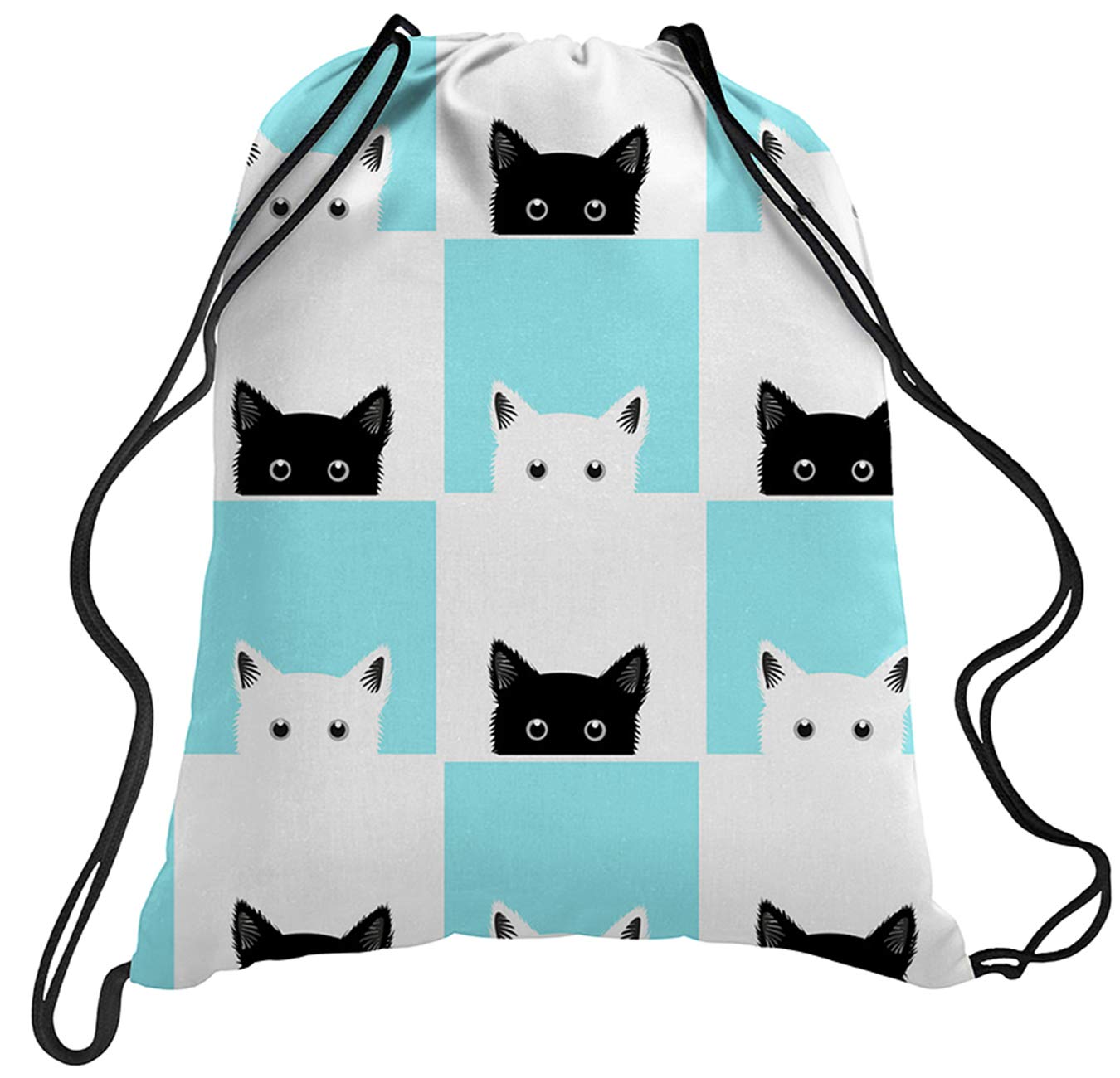 TUONROAD Pretty Cute Design Animal Print Drawstring Backpack Teal White Grid Black Cat Waterproof Lightweight Heavy Duty String Cinch Bag Sack Pack for Toddler Children Kids Girls Boys