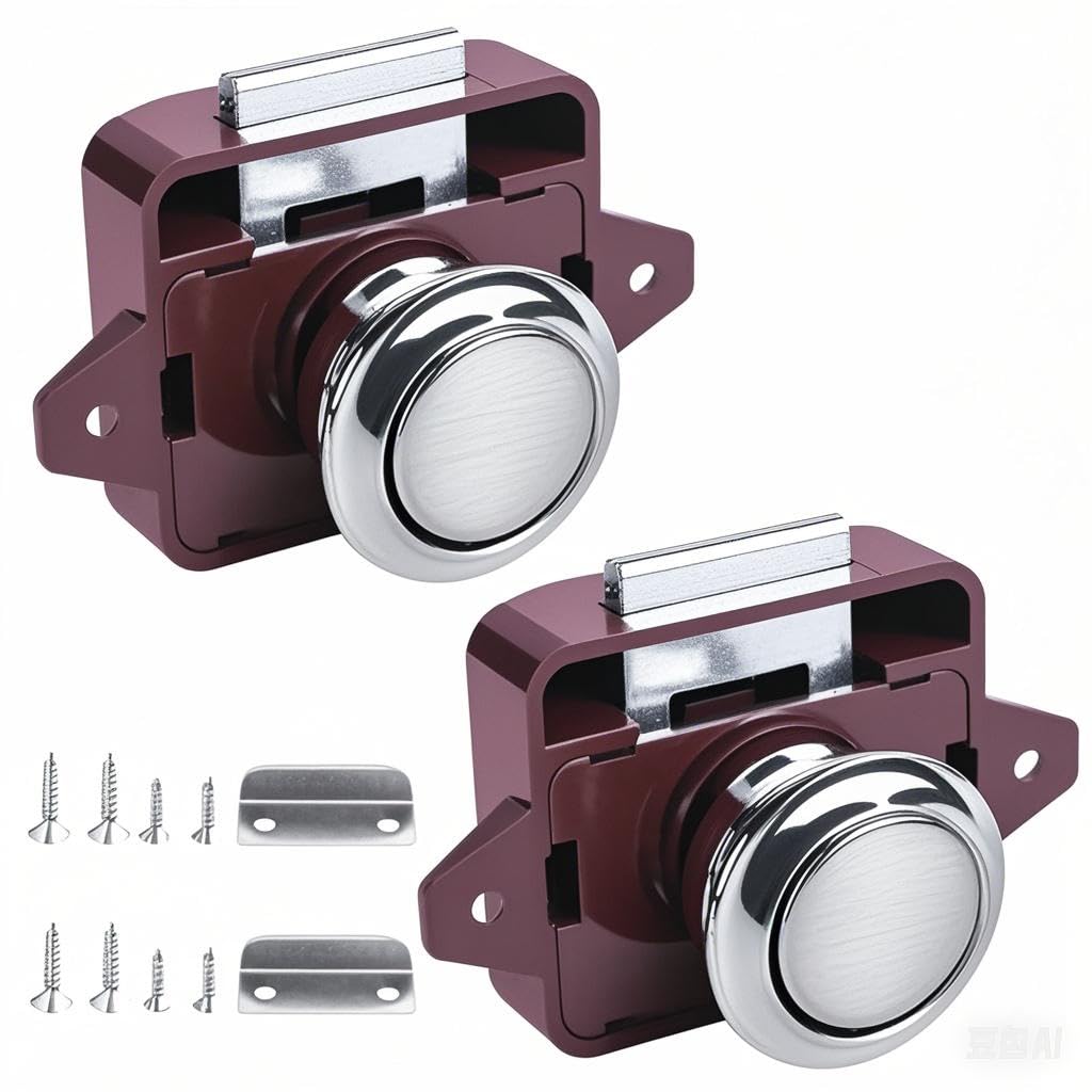 Caravan Door Locks, fits Push to Open Door Catches - 2pcs Keyless Cabinet Locks for Motorhome/Camper/Van/Cupboard | Cam Lock (Brown)