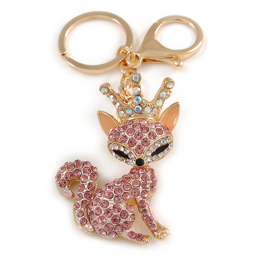 Avalaya Pink/Ab Crystal Queen Fox Keyring/Bag Charm In Gold Plating - 10cm L