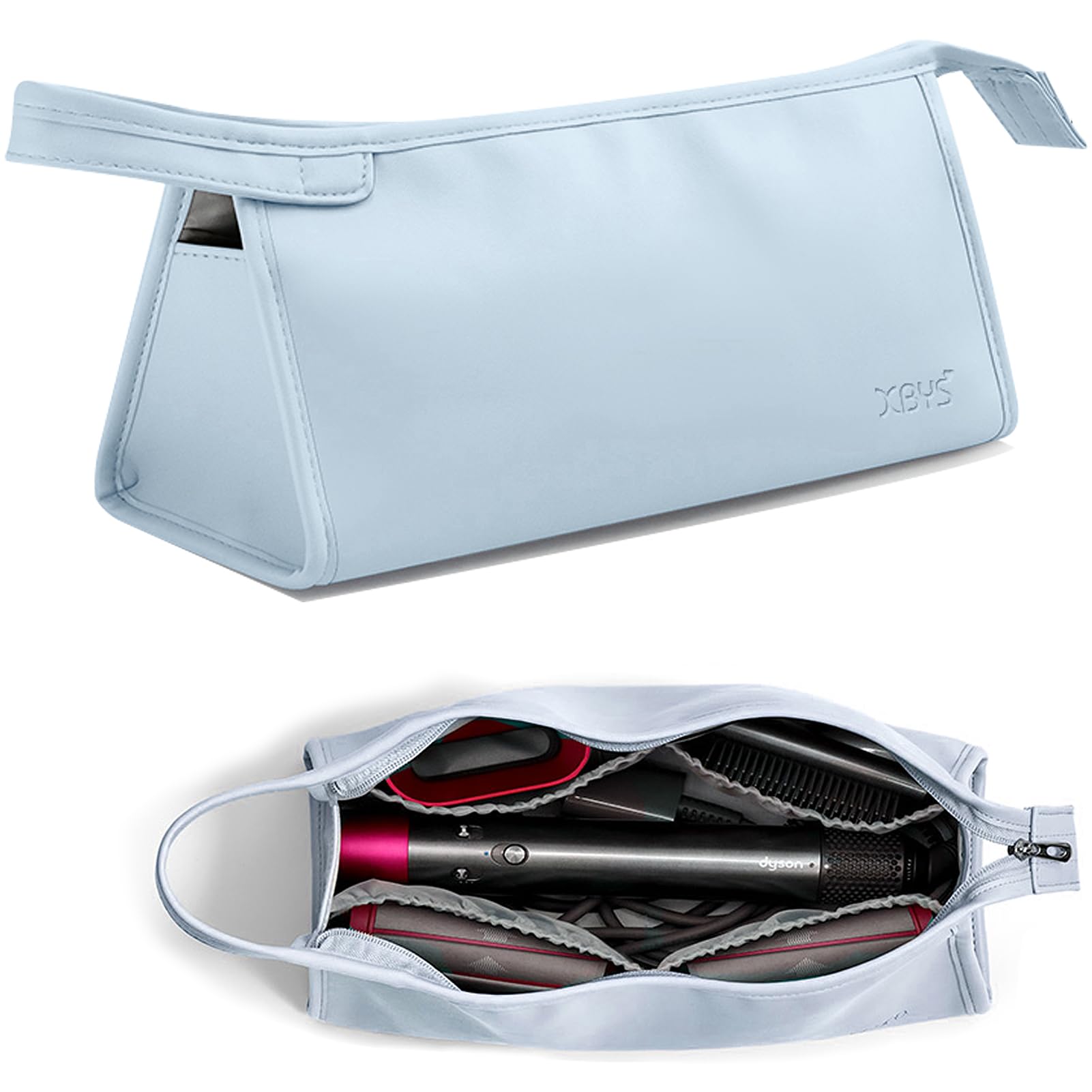 Veki Portable Travel Storage Bag Compatible with Dyson Supersonic Hair Dryer, PU Leather Protective Carrying Case for Dyson Airwrap Styler, Travel Organiser Bag for Hair Curler Accessories (Blue)